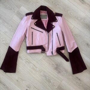 Understated Leather Pink and Maroon cropped suede/leather bell sleeve jacket